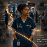Cinematic healthcare image titled “Process, Stages & Tools of Preparation (Part 9/10) — Personal Energy Sink Triggers: Pest Control for the Inner World.” A young Black female emergency department doctor stands calmly in a busy hospital corridor while subtle translucent reflections representing perfectionism, self-criticism, over-responsibility, and worry appear around the edges of the scene. A golden pathway moves steadily through the environment, symbolising awareness, regulation, and intentional focus amidst internal distractions. Enasni gold atom logo positioned bottom right.