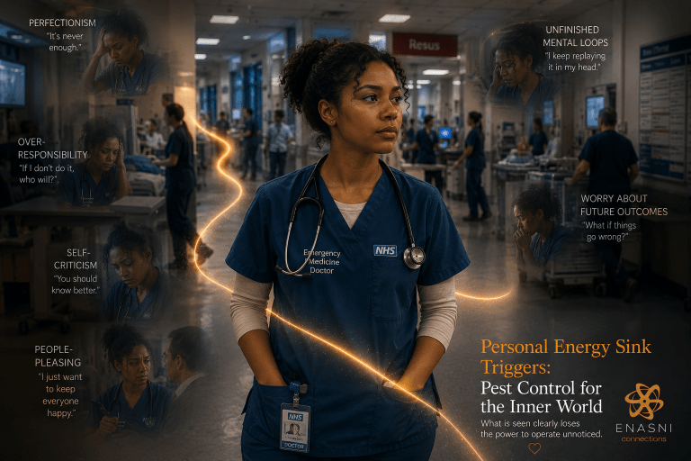 Cinematic healthcare image titled “Process, Stages & Tools of Preparation (Part 9/10) — Personal Energy Sink Triggers: Pest Control for the Inner World.” A young Black female emergency department doctor stands calmly in a busy hospital corridor while subtle translucent reflections representing perfectionism, self-criticism, over-responsibility, and worry appear around the edges of the scene. A golden pathway moves steadily through the environment, symbolising awareness, regulation, and intentional focus amidst internal distractions. Enasni gold atom logo positioned bottom right.