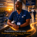 Cinematic healthcare image titled “Wholeness in Preparation — Why Preparation Is the Practice.” An experienced Black healthcare professional stands beside a hospital window overlooking a city skyline at sunrise. Warm golden light fills the corridor while healthcare teams continue daily activity in the background. A flowing golden pathway weaves through the environment, symbolising awareness, regulation, intention, connection, and wholeness as integrated aspects of professional practice. Enasni gold atom logo positioned bottom right.