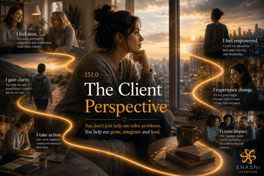 Cinematic editorial image titled “The Client Perspective.” A woman sits quietly beside a large window at sunset, reflecting with calm confidence. Around the central figure, smaller moments illustrate the client’s journey through coaching: feeling heard in conversation, gaining clarity while walking forward, taking purposeful action through planning, experiencing meaningful personal change, stepping into empowered leadership, and creating positive impact within a team. A flowing golden pathway connects every stage, symbolising continuous growth and transformation. The Enasni gold atom logo appears in the bottom-right corner.