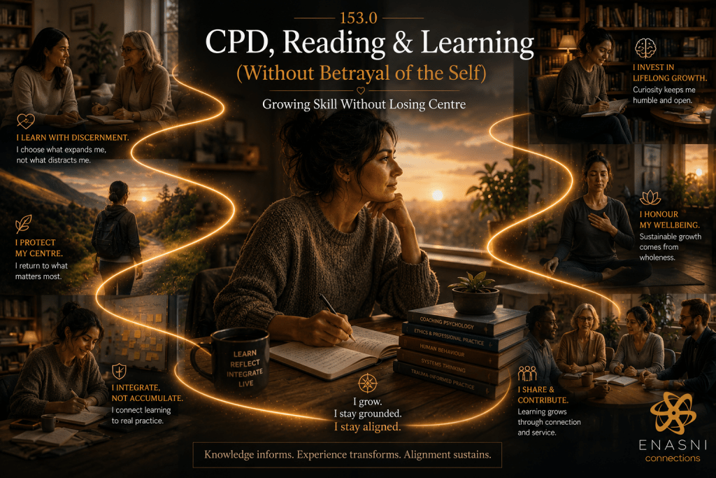 Cinematic editorial image titled “CPD, Reading & Learning (Without Betrayal of the Self): Growing Skill Without Losing Centre.” A reflective learner sits at a desk beside a large window at sunset, surrounded by books, journals, and coaching resources. Smaller scenes depict studying, mindful practice, walking in nature, collaborative learning, and reflective writing. A flowing golden pathway connects every moment, symbolising learning that remains rooted in identity, wholeness, and lived practice. The Enasni gold atom logo appears in the bottom-right corner.