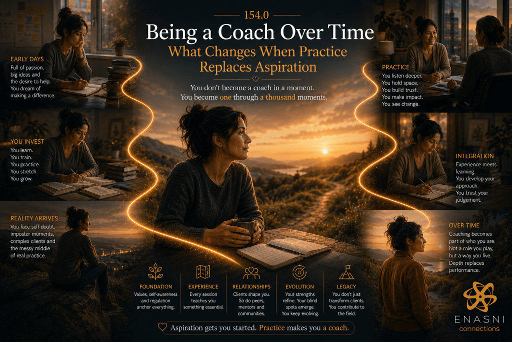 Cinematic editorial image titled “Being a Coach Over Time: What Changes When Practice Replaces Aspiration.” A reflective coach sits overlooking a sunrise landscape with an open journal, while surrounding scenes illustrate the progression from early enthusiasm through study, real-world practice, coaching conversations, reflection, and mature professional identity. A flowing golden pathway connects every stage, symbolising that coaching mastery develops through lived experience rather than isolated learning. The Enasni gold atom logo appears in the bottom-right corner.