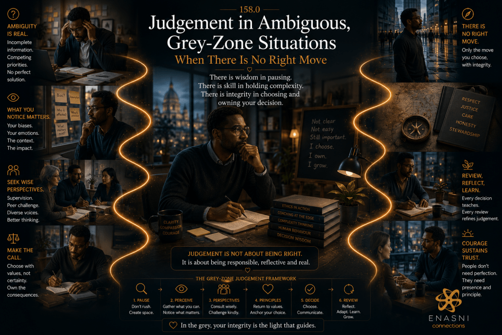 Cinematic editorial image titled “Judgement in Ambiguous, Grey-Zone Situations: When There Is No Right Move.” A senior public sector leader sits thoughtfully at a desk overlooking a city at dusk, reflecting before making a difficult decision. Surrounding scenes show gathering perspectives, examining competing priorities, consulting trusted colleagues, reviewing core values, and accepting responsibility for a final decision. A flowing golden pathway connects every stage, symbolising integrity, discernment, and principled judgement in situations where certainty is unavailable. The Enasni gold atom logo appears in the bottom-right corner.
