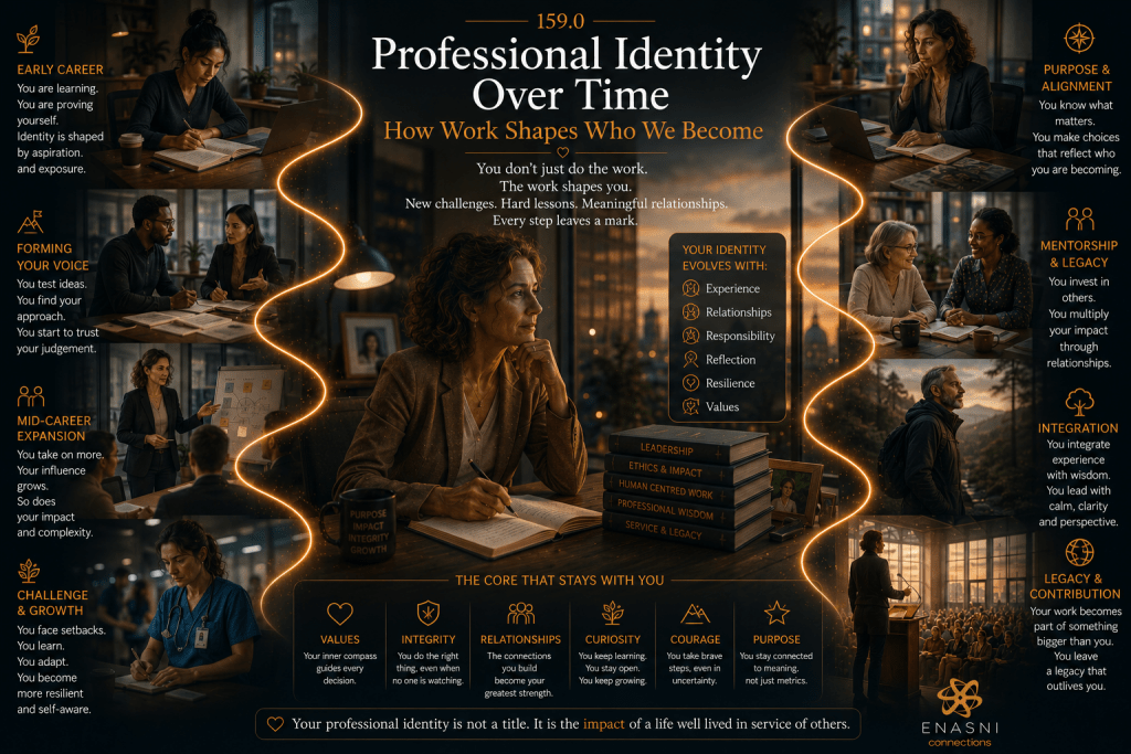 Cinematic editorial image titled “Professional Identity Over Time: How Work Shapes Who We Become.” A senior public sector executive reflects at a desk overlooking a city at sunset, surrounded by scenes from different stages of a professional journey: early learning, finding a professional voice, leading teams, overcoming challenges, mentoring others, integrating wisdom, and leaving a legacy. A flowing golden pathway connects each stage, symbolising the gradual formation of professional identity through experience, values, and service. The Enasni gold atom logo appears in the bottom-right corner.