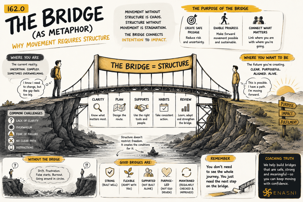 Comic-style editorial illustration titled “The Bridge (As Metaphor): Why Movement Requires Structure.” A traveller stands on one side of a wide canyon representing present reality while a thoughtfully engineered bridge spans toward a brighter future. The bridge is constructed from symbolic elements including clarity, planning, support, habits, and review. Hand-drawn annotations, expressive typography, and warm gold accents create a sophisticated graphic-novel aesthetic. The Enasni gold atom logo appears in the bottom-right corner.