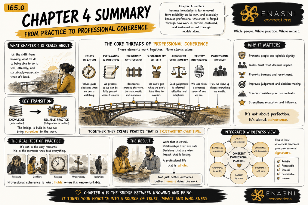 Comic-style infographic titled “Chapter 4 Summary: From Practice to Professional Coherence.” A large bridge labelled with the foundations of professional practice stretches across the centre of the page, connecting themes including ethics, preparation, boundaries, sustainability, judgement, identity, and professional presence. Surrounding illustrated panels explain how these principles integrate into trustworthy practice through reflective illustrations, diagrams, and symbolic storytelling. Warm gold highlights, sketchbook typography, and the Enasni gold atom logo reinforce the cohesive visual identity.