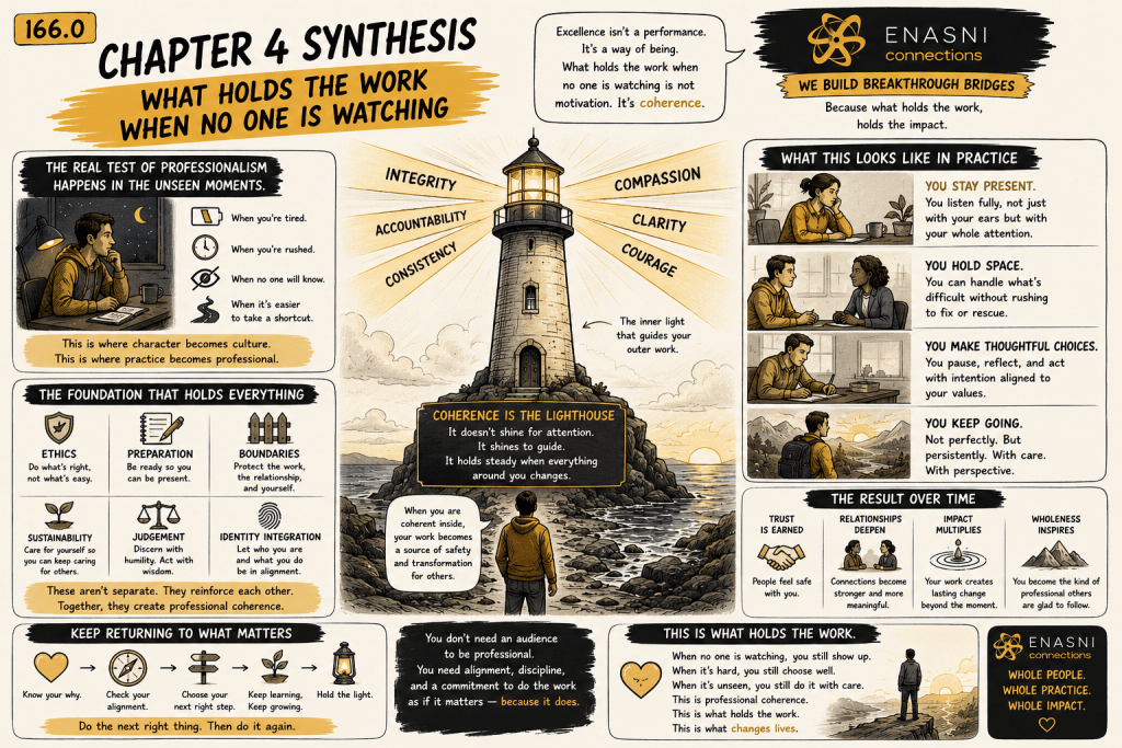 Comic-style editorial illustration titled “Chapter 4 Synthesis: What Holds the Work When No One Is Watching.” A lighthouse stands at the centre of a rugged coastline, its light radiating values including integrity, accountability, consistency, compassion, clarity, and courage. Surrounding illustrated panels depict ethical practice, preparation, boundaries, sustainability, judgement, identity, and professional presence, alongside everyday moments where character is revealed away from public recognition. Warm gold accents, hand-drawn typography, and the Enasni gold atom logo complete the graphic-novel aesthetic.
