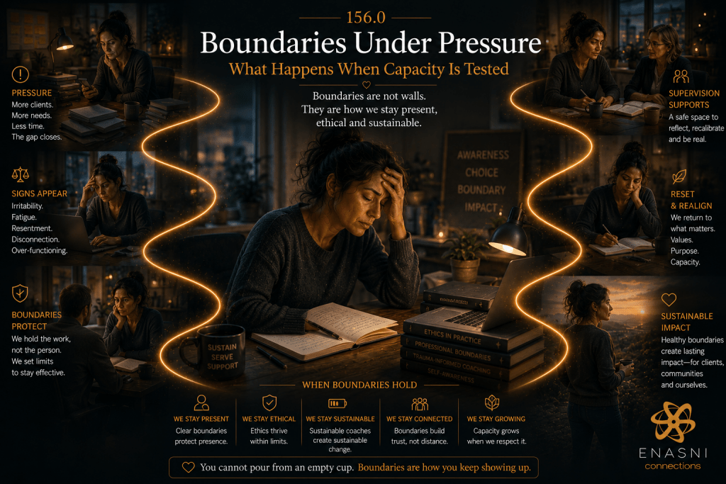 Cinematic editorial image titled “Boundaries Under Pressure: What Happens When Capacity Is Tested.” A professional sits alone at a desk late in the evening, surrounded by signs of increasing workload, reflecting with visible mental fatigue. Surrounding scenes depict mounting pressure, early warning signs, supervision, resetting priorities, maintaining professional boundaries, and returning to sustainable practice. A flowing golden pathway connects each stage, symbolising awareness, ethical decision-making, and the restoration of healthy professional capacity. The Enasni gold atom logo appears in the bottom-right corner.