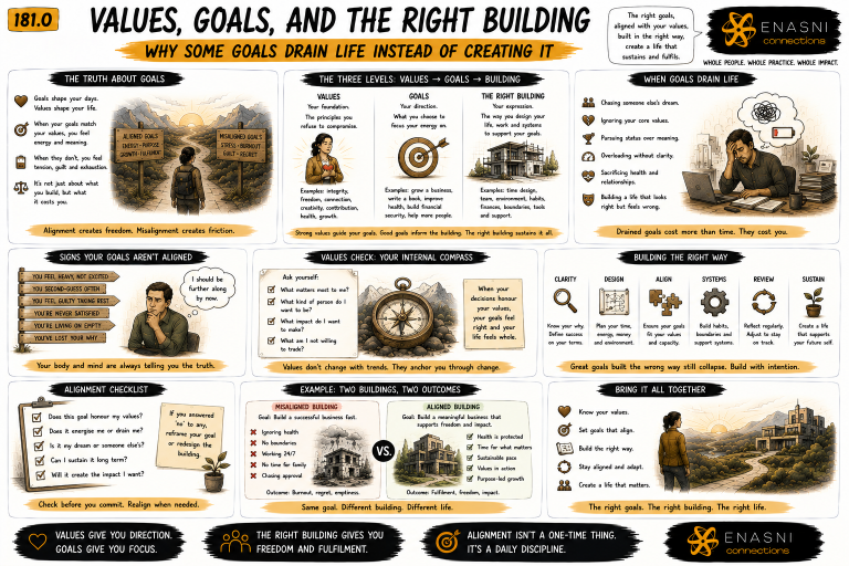 Comic-style editorial infographic titled “Values, Goals, and the Right Building: Why Some Goals Drain Life Instead of Creating It.” A hand-drawn educational poster compares two contrasting life journeys—one built on aligned values and purposeful goals, the other on misaligned ambitions that lead to stress and burnout. Illustrated panels explore the relationship between values, goals, and life design, highlight warning signs of misalignment, introduce an internal values compass, compare two different “buildings” created from the same goal, and provide practical alignment checks for creating sustainable success. Warm gold accents, expressive sketchbook typography, and the Enasni gold atom logo complete the graphic-novel aesthetic.