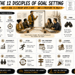 Workshop-style comic editorial infographic titled “The 12 Disciples of Goal Setting: Why a Goal Is a Dream With a Date — and a Structure to Hold It.” A facilitator presents a goal blueprint to a diverse team while twelve illustrated principle cards surround the central scene. Each card represents a foundational discipline of effective goal setting, including clarity, meaning, vision, specificity, measurability, action, time commitment, alignment, accountability, review, adaptability, and celebration. Sticky notes, planning documents, and blueprint sketches reinforce the workshop atmosphere. Warm gold accents, expressive hand-drawn typography, and the Enasni gold atom logo complete the graphic-novel aesthetic.