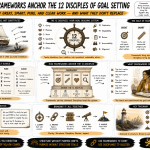 Whiteboard workshop–style editorial infographic titled “How Frameworks Anchor the 12 Disciples of Goal Setting: Why GREAT, SMART, PURE, and CLEAR Work — and What They Don’t Replace.” A hand-drawn strategy board compares the coaching frameworks GREAT, SMART, PURE, and CLEAR while placing the Twelve Disciples of Goal Setting at the centre as the enduring operating system. Illustrations include a ship anchored in calm water, a ship’s wheel, architectural pillars, coaching conversations, and a lighthouse to demonstrate how frameworks provide structure without replacing values, judgement, ownership, or disciplined practice. Warm gold accents, expressive sketchbook typography, and the Enasni gold atom logo complete the graphic-novel aesthetic.
