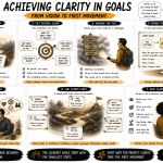 Visual roadmap–style editorial infographic titled “Achieving Clarity in Goals: From Vision to First Movement.” A hand-drawn journey guides the viewer from an initial vision through progressively clearer stages of goal development, including defining purpose, removing confusion, identifying the first meaningful action, checking alignment, and maintaining momentum. Illustrated pathways, signposts, notebooks, coaching reflections, and practical planning tools create a structured visual progression from aspiration to action. Warm gold accents, expressive sketchbook typography, and the Enasni gold atom logo complete the graphic-novel aesthetic.
