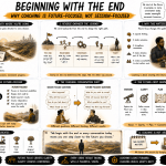 Future-planning workshop–style editorial infographic titled “Beginning With the End: Why Coaching Is Future-Focused, Not Session-Focused.” A hand-drawn visual journey begins with a long-term vision on the horizon and works backwards through milestones, strategies, decisions, and today’s first action. Surrounding illustrated panels compare session-focused coaching with future-focused coaching, demonstrate reverse-engineering goals, present future-oriented coaching questions, and introduce a practical framework that moves from vision to commitment and action. Warm gold accents, expressive sketchbook typography, and the Enasni gold atom logo complete the graphic-novel aesthetic.